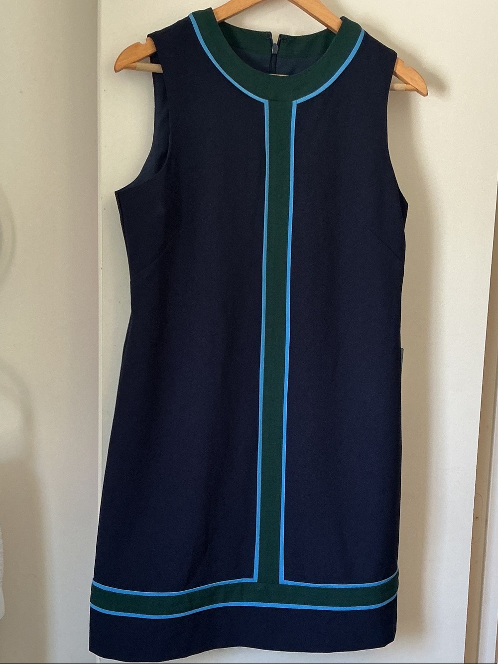 1901 from NORSTROM Sleeveless Navy Shift Dress with Green & Blue Trim